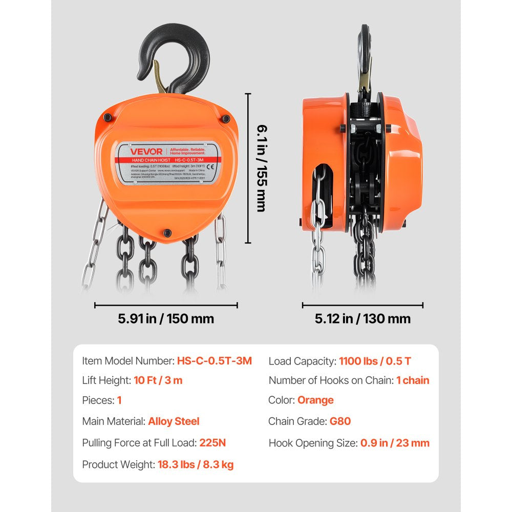 VEVOR Hand Chain Hoist, 1/2 Ton 1100 lbs Capacity, Manual Chain Block with Upgrade G80 Galvanized Chain, 10 ft Lifting Height, Heavy Duty Pulley Hoist for Garage Warehouse Automotive Machinery, Orange