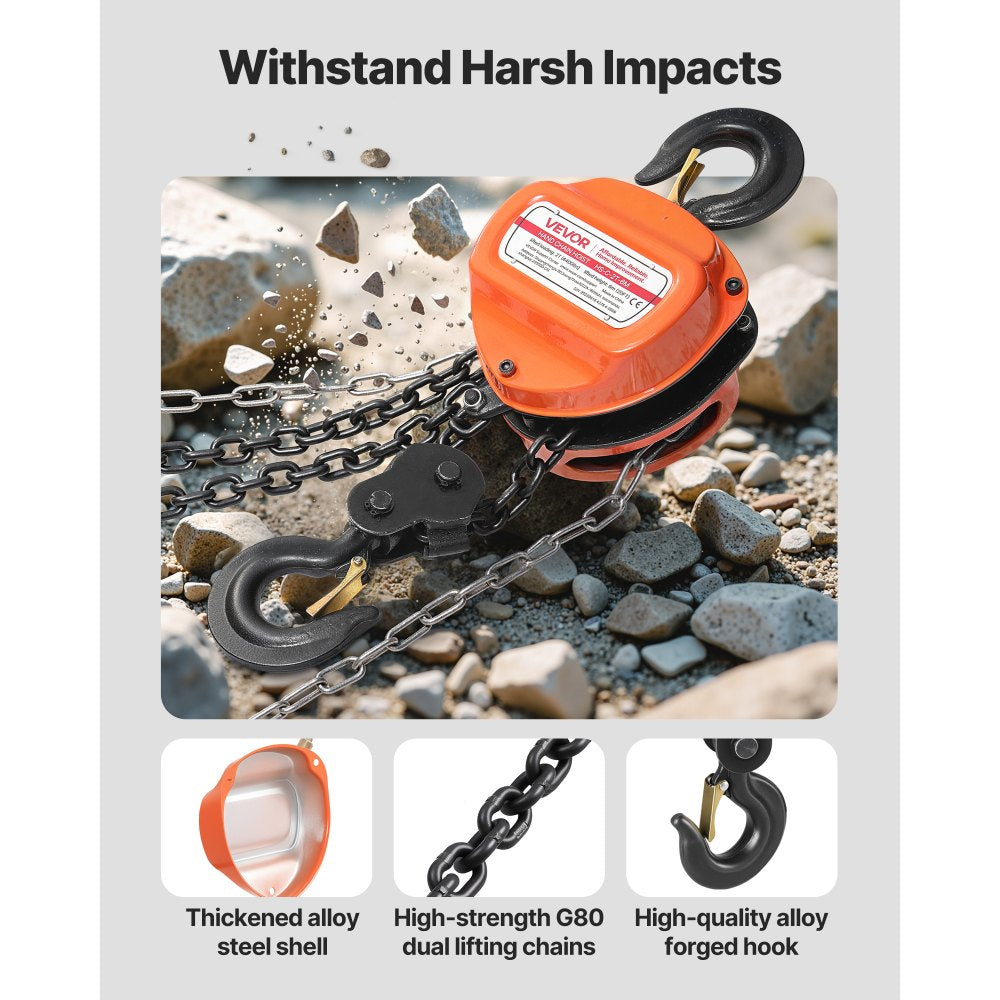 VEVOR Hand Chain Hoist, 2 Ton 4400 lbs Capacity, Manual Chain Block with Upgrade G80 Galvanized Chain, 20 ft Lifting Height, Heavy Duty Pulley Hoist for Garage Warehouse Automotive Machinery, Orange