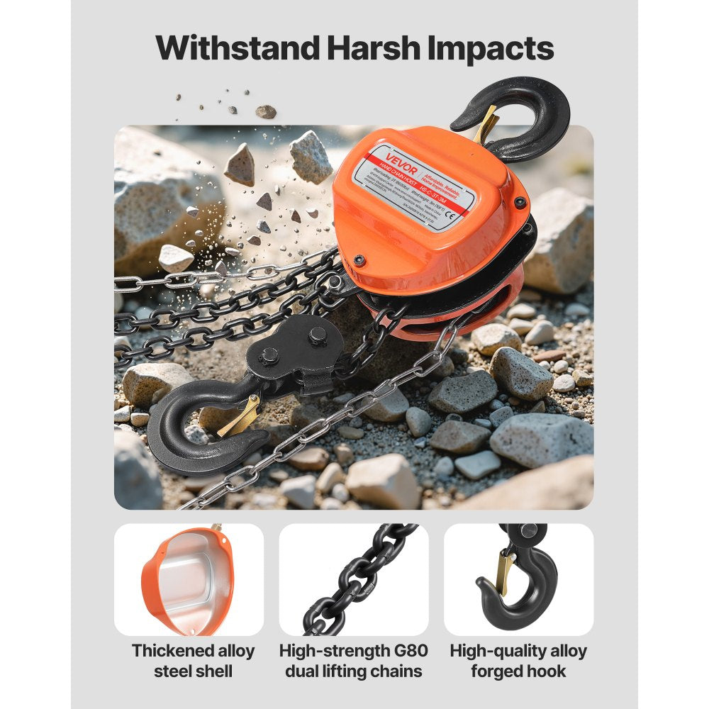 VEVOR Hand Chain Hoist, 3 Ton 6600 lbs Capacity, Manual Chain Block with Upgrade G80 Galvanized Chain, 10 ft Lifting Height, Heavy Duty Pulley Hoist for Garage Warehouse Automotive Machinery, Orange
