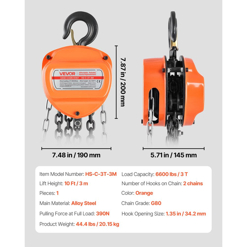 VEVOR Hand Chain Hoist, 3 Ton 6600 lbs Capacity, Manual Chain Block with Upgrade G80 Galvanized Chain, 10 ft Lifting Height, Heavy Duty Pulley Hoist for Garage Warehouse Automotive Machinery, Orange