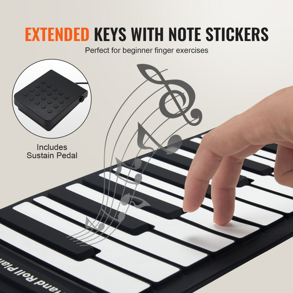 VEVOR 88 Keys Roll Up Keyboard Piano, 128 Rhythms, 128 Tones Portable Electric Digital Hand Roll Piano with Rechargeable Battery 2W Speaker LED Display 5 Ports MIDI Function, for Kids Beginners Adults
