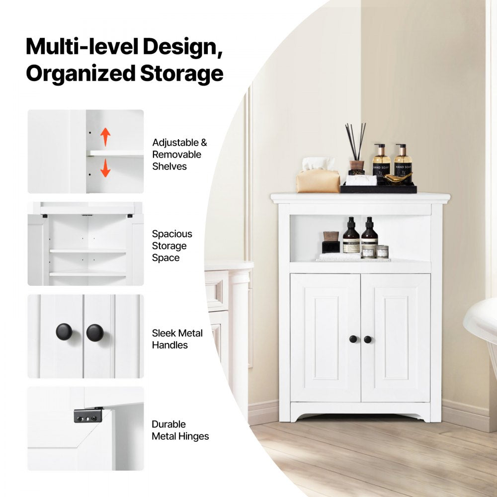 VEVOR 32" Corner Storage Cabinet, 3 Tiers Small Storage Cabinet with 2 Wooden Doors & Adjustable Shelves, Freestanding Corner Kitchen Cabinet for Living Room, Kitchen, Laundry Room, Bathroom, White