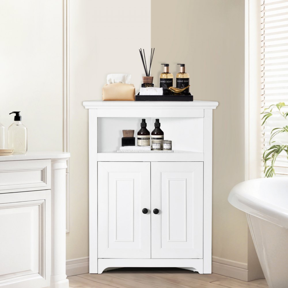 VEVOR 32" Corner Storage Cabinet, 3 Tiers Small Storage Cabinet with 2 Wooden Doors & Adjustable Shelves, Freestanding Corner Kitchen Cabinet for Living Room, Kitchen, Laundry Room, Bathroom, White