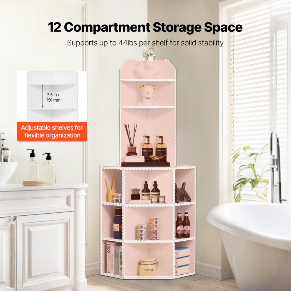 VEVOR 64" Tall Corner Storage Cabinet, 6 Tiers Wooden Storage Cabinet with USB Ports and Outlets & Adjustable Shelves, Freestanding Corner Cabinet for Living Room, Kitchen, Laundry Room, White