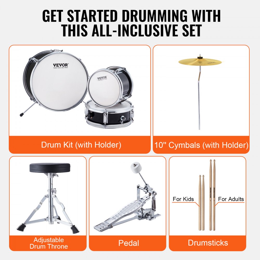 VEVOR Kids Drum Set, 3-Piece, 14 in Beginner Drum Set with Adjustable Throne Cymbal Pedal Two Pairs of Drumsticks, 8'' Tom Drum 10'' Snare Drum 14'' Bass Drum, Starter Drum Kit for Child Kids, Black