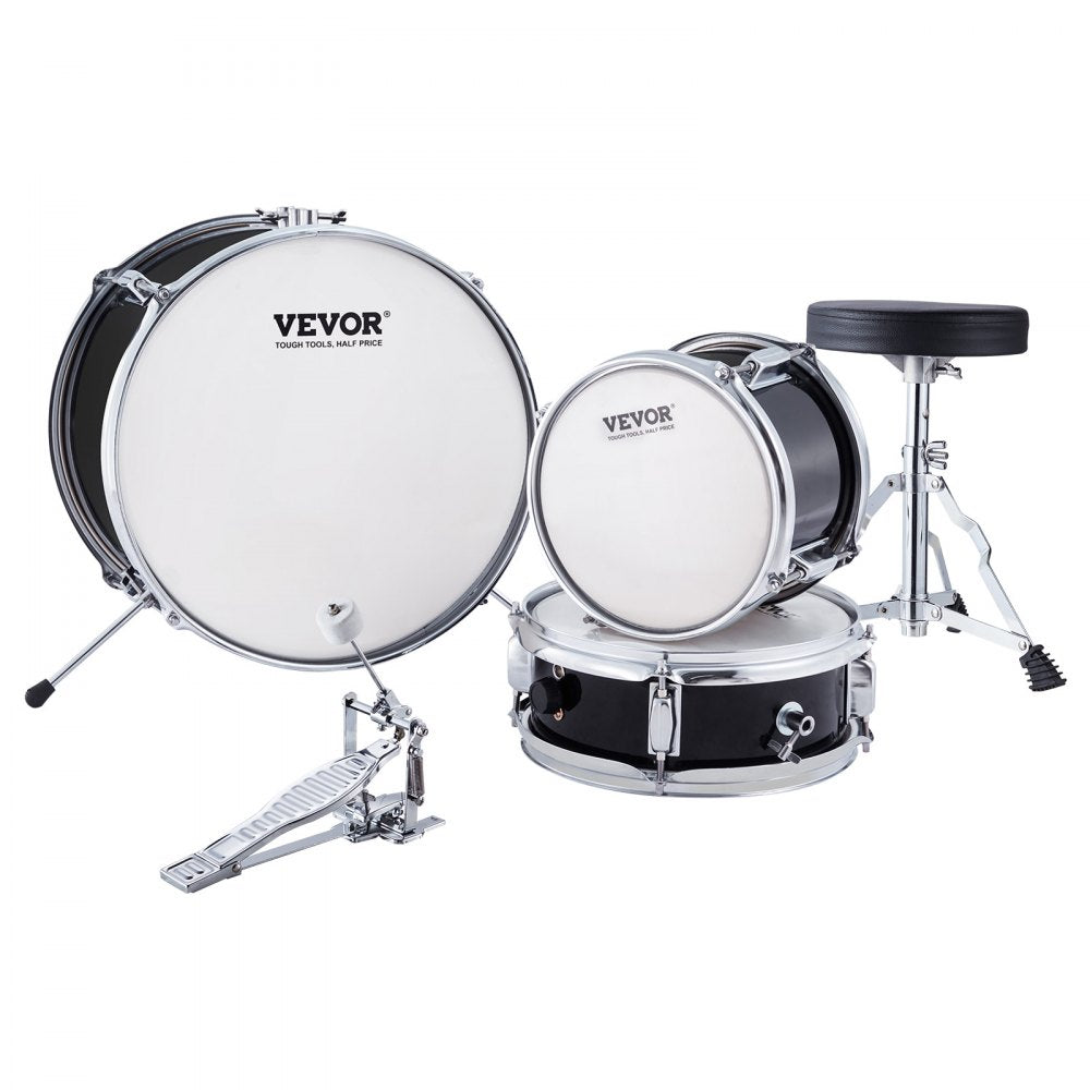 VEVOR Kids Drum Set, 3-Piece, 14 in Beginner Drum Set with Adjustable Throne Cymbal Pedal Two Pairs of Drumsticks, 8'' Tom Drum 10'' Snare Drum 14'' Bass Drum, Starter Drum Kit for Child Kids, Black