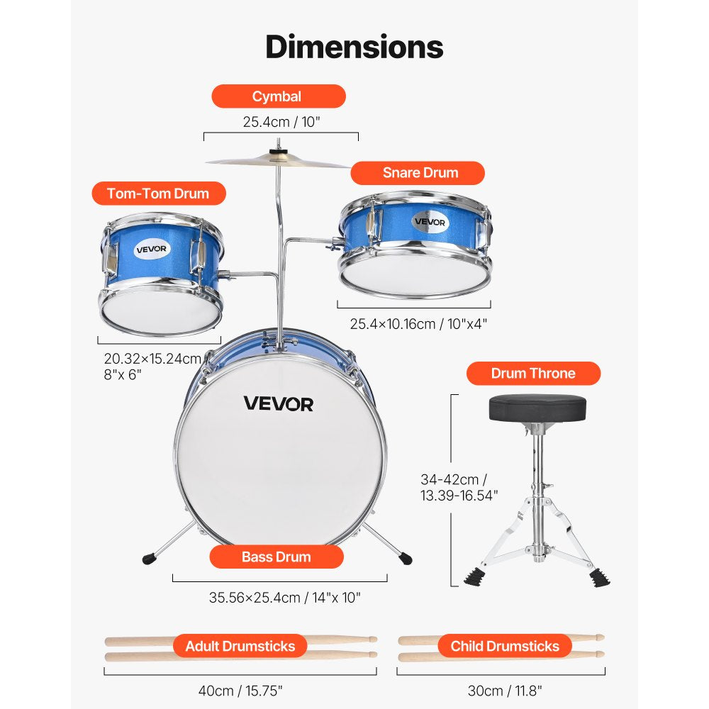 VEVOR Kids Drum Set, 3-Piece 14 in Junior Drum Sets, Beginner Drums Set with Adjustable Throne, Cymbal & Two Pairs of Drumsticks, Musical Learning Drums Instruments Kit, for Children Ages 6-13 (Blue)
