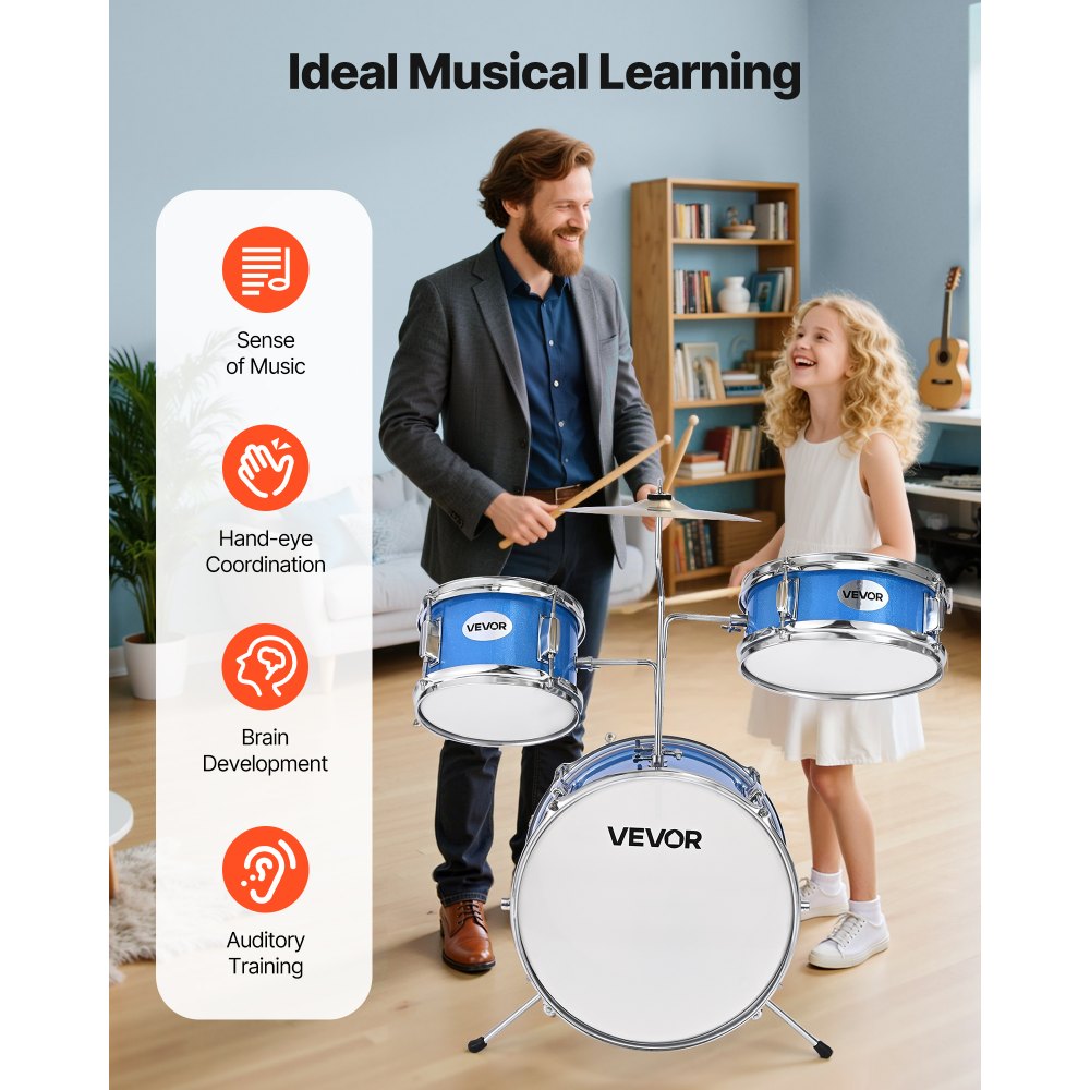VEVOR Kids Drum Set, 3-Piece 14 in Junior Drum Sets, Beginner Drums Set with Adjustable Throne, Cymbal & Two Pairs of Drumsticks, Musical Learning Drums Instruments Kit, for Children Ages 6-13 (Blue)