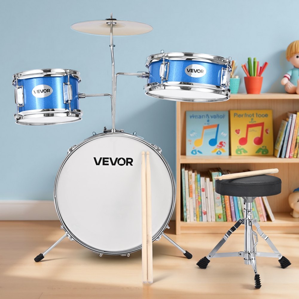 VEVOR Kids Drum Set, 3-Piece 14 in Junior Drum Sets, Beginner Drums Set with Adjustable Throne, Cymbal & Two Pairs of Drumsticks, Musical Learning Drums Instruments Kit, for Children Ages 6-13 (Blue)