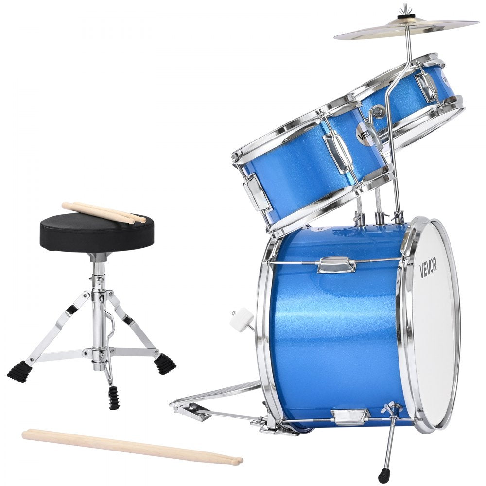 VEVOR Kids Drum Set, 3-Piece 14 in Junior Drum Sets, Beginner Drums Set with Adjustable Throne, Cymbal & Two Pairs of Drumsticks, Musical Learning Drums Instruments Kit, for Children Ages 6-13 (Blue)