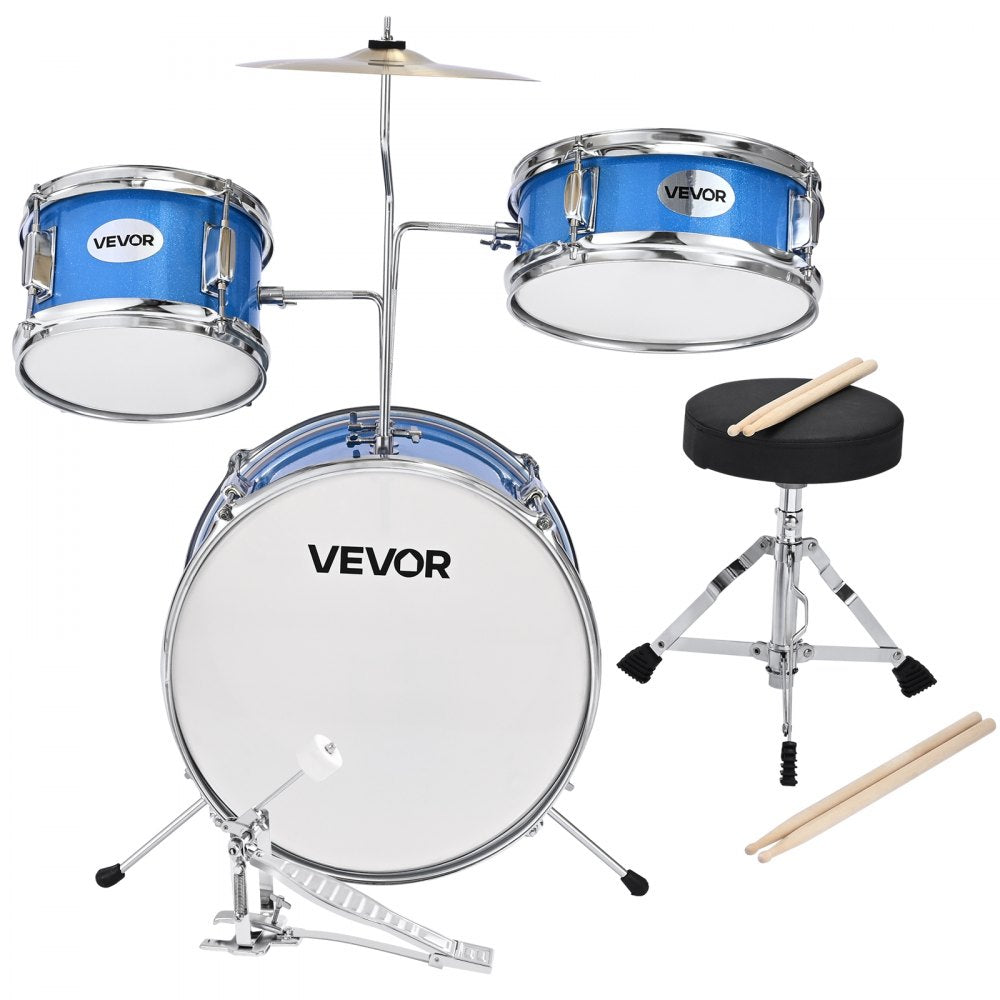 VEVOR Kids Drum Set, 3-Piece 14 in Junior Drum Sets, Beginner Drums Set with Adjustable Throne, Cymbal & Two Pairs of Drumsticks, Musical Learning Drums Instruments Kit, for Children Ages 6-13 (Blue)