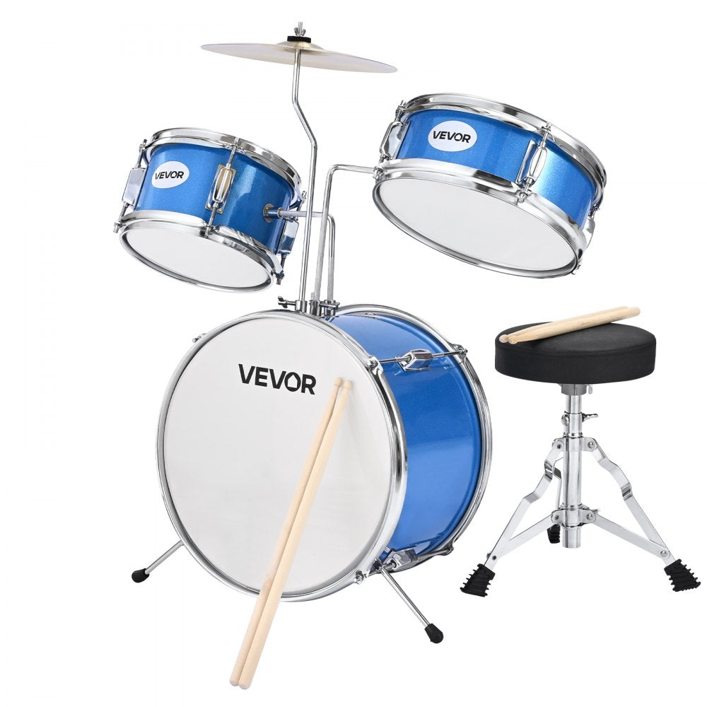 VEVOR Kids Drum Set, 3-Piece 14 in Junior Drum Sets, Beginner Drums Set with Adjustable Throne, Cymbal & Two Pairs of Drumsticks, Musical Learning Drums Instruments Kit, for Children Ages 6-13 (Blue)
