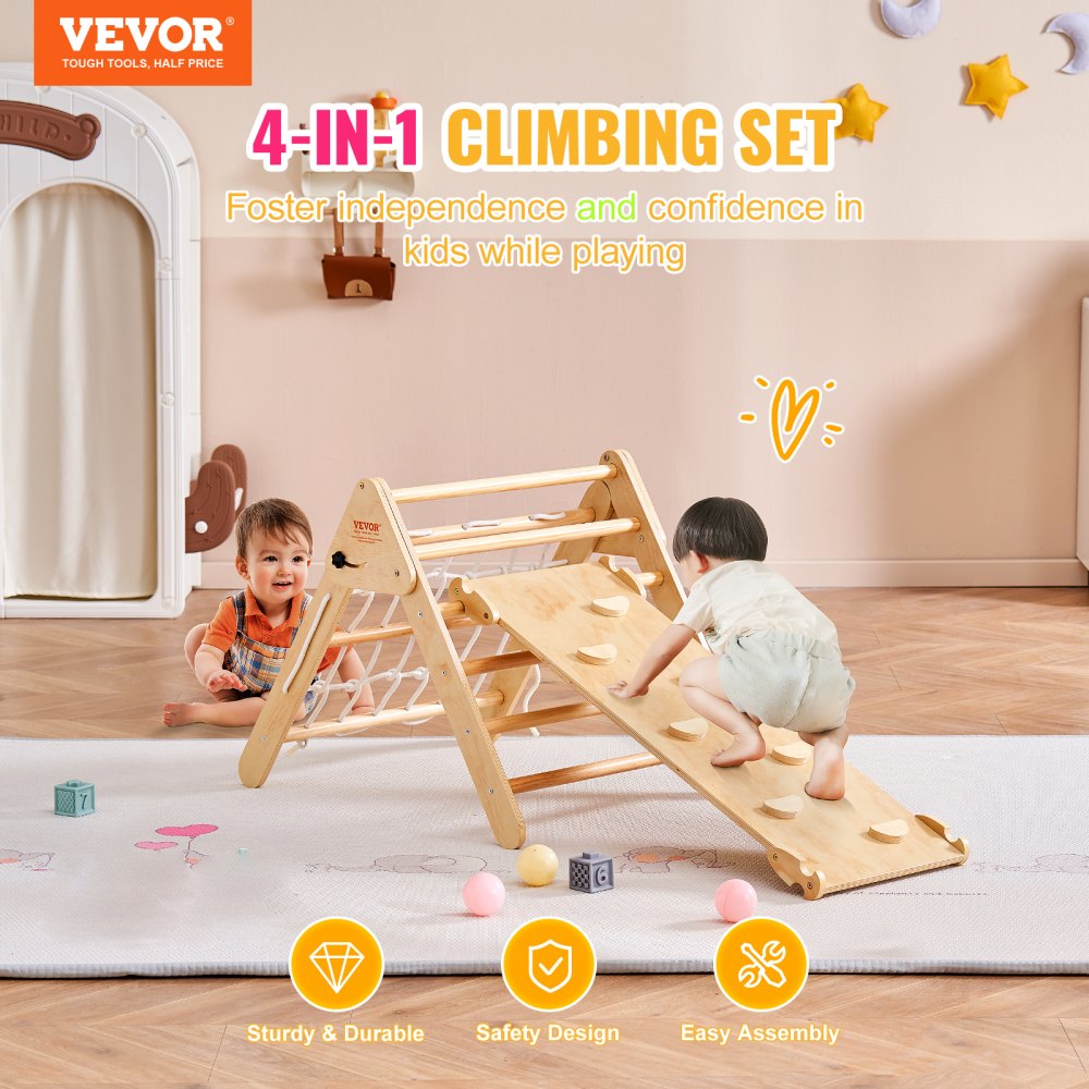 VEVOR Pikler Triangle Set, 4 in 1 Toddler Climbing Toys Indoor Playground, Large Size Wooden Climbing Gym for Toddlers 1-3 Years, Montessori Climbing Set with Triangle and Ramp, Wood Color