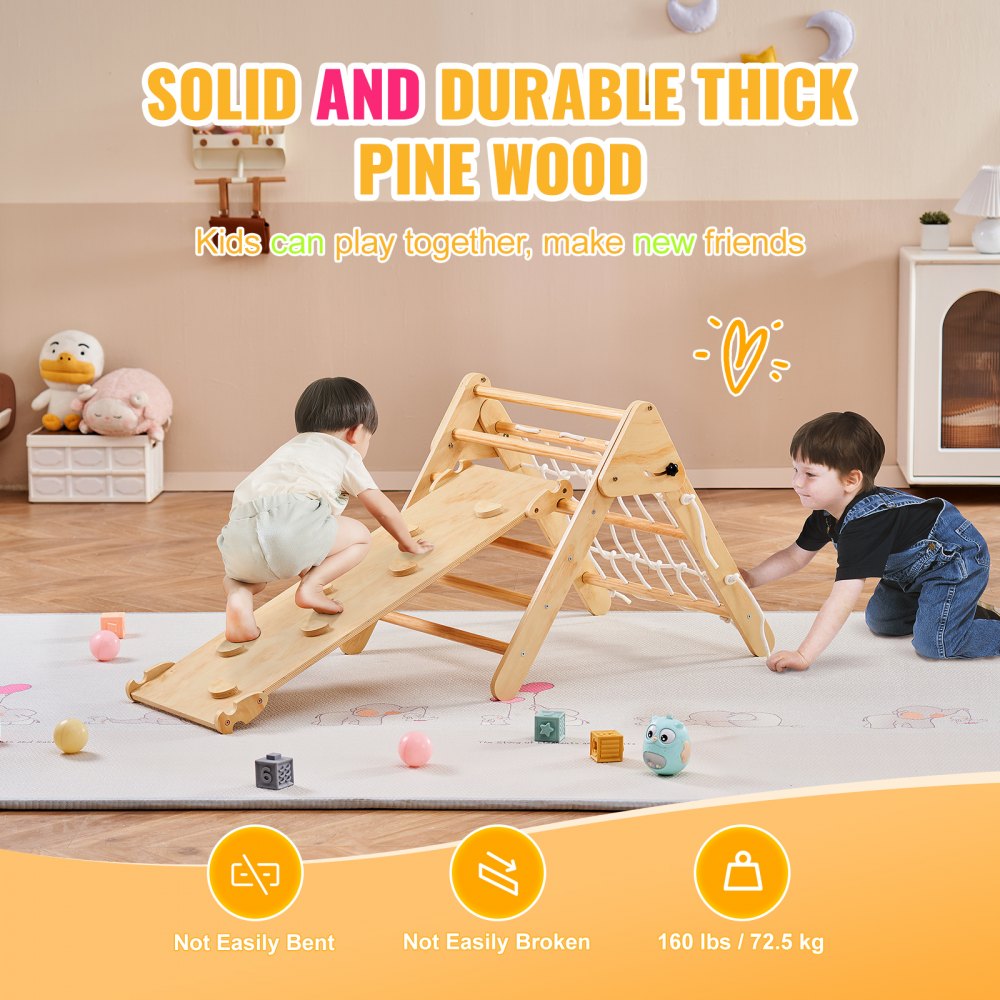 VEVOR Pikler Triangle Set, 4 in 1 Toddler Climbing Toys Indoor Playground, Large Size Wooden Climbing Gym for Toddlers 1-3 Years, Montessori Climbing Set with Triangle and Ramp, Wood Color