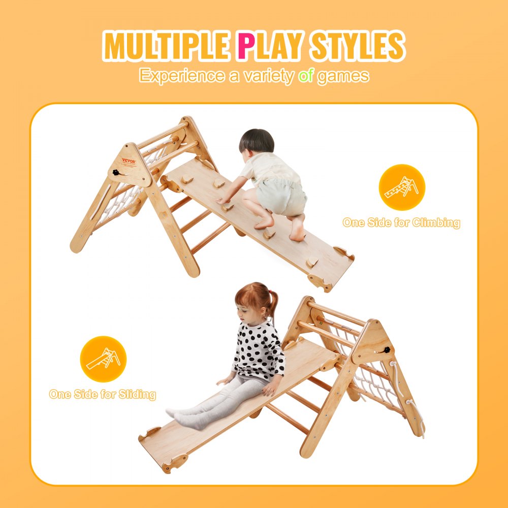 VEVOR Pikler Triangle Set, 4 in 1 Toddler Climbing Toys Indoor Playground, Large Size Wooden Climbing Gym for Toddlers 1-3 Years, Montessori Climbing Set with Triangle and Ramp, Wood Color