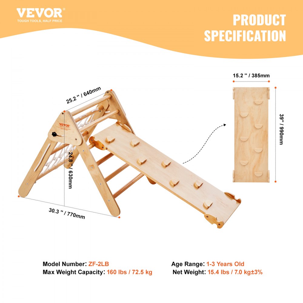 VEVOR Pikler Triangle Set, 4 in 1 Toddler Climbing Toys Indoor Playground, Large Size Wooden Climbing Gym for Toddlers 1-3 Years, Montessori Climbing Set with Triangle and Ramp, Wood Color