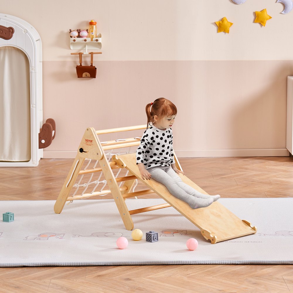 VEVOR Pikler Triangle Set, 4 in 1 Toddler Climbing Toys Indoor Playground, Large Size Wooden Climbing Gym for Toddlers 1-3 Years, Montessori Climbing Set with Triangle and Ramp, Wood Color