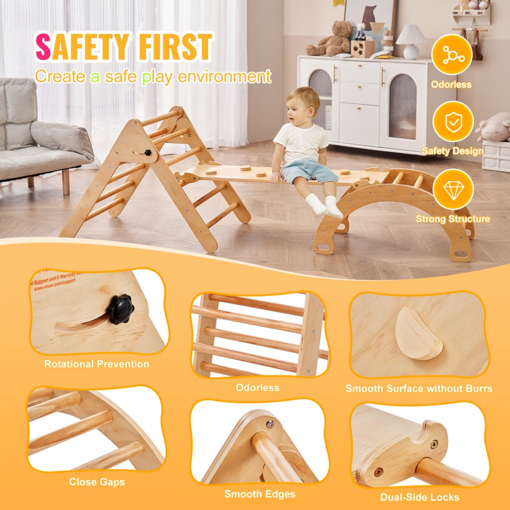 VEVOR Pikler Triangle Set, 5 in 1 Toddler Climbing Toys Indoor Playground, Ramp, and Arch, Montessori Climbing Set with Triangle, Large Size Wooden Climbing Gym for Toddlers 1-3 Years, Wood Color