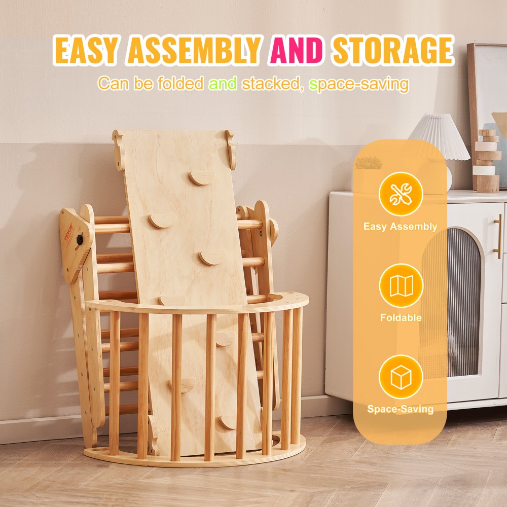 VEVOR Pikler Triangle Set, 5 in 1 Toddler Climbing Toys Indoor Playground, Ramp, and Arch, Montessori Climbing Set with Triangle, Large Size Wooden Climbing Gym for Toddlers 1-3 Years, Wood Color