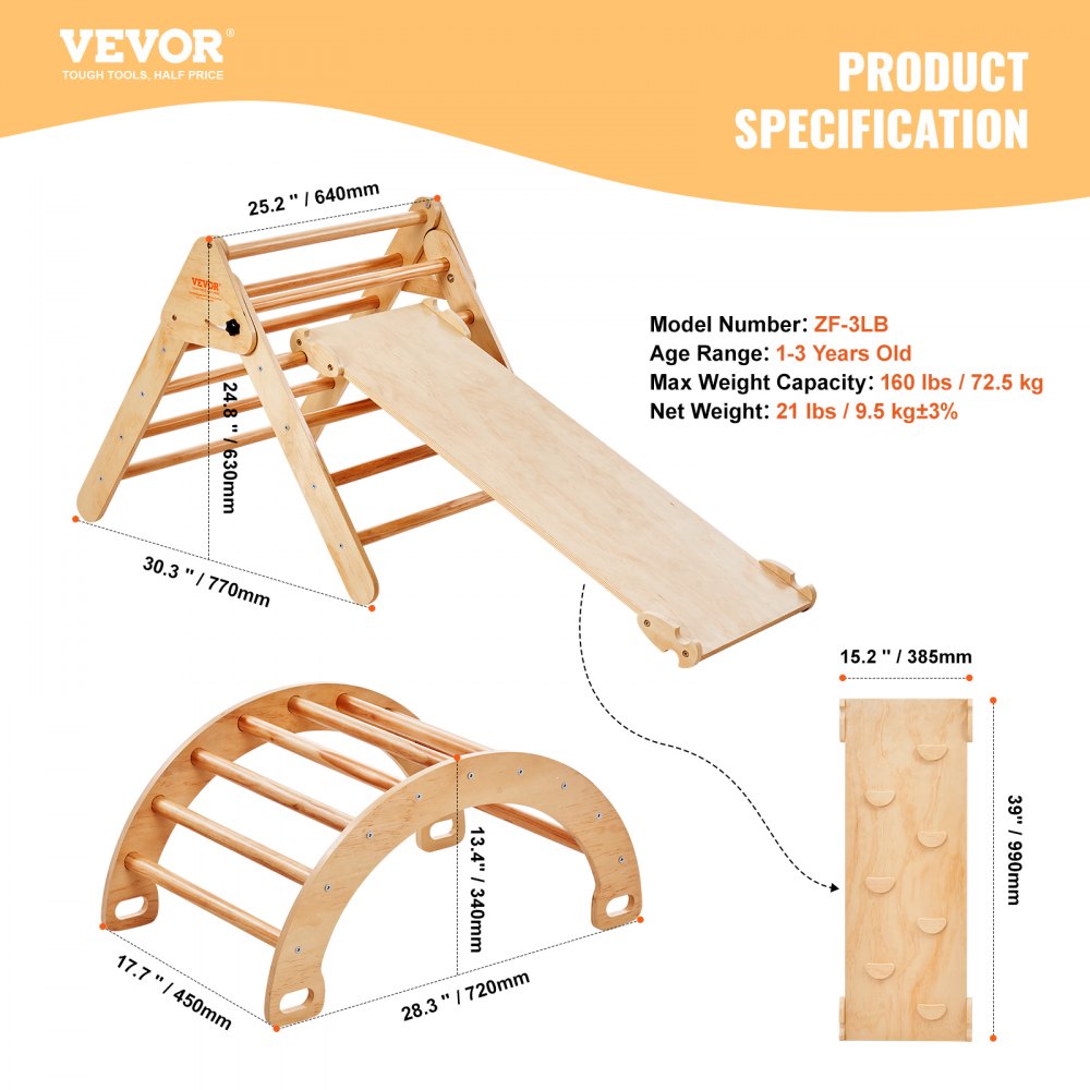 VEVOR Pikler Triangle Set, 5 in 1 Toddler Climbing Toys Indoor Playground, Ramp, and Arch, Montessori Climbing Set with Triangle, Large Size Wooden Climbing Gym for Toddlers 1-3 Years, Wood Color
