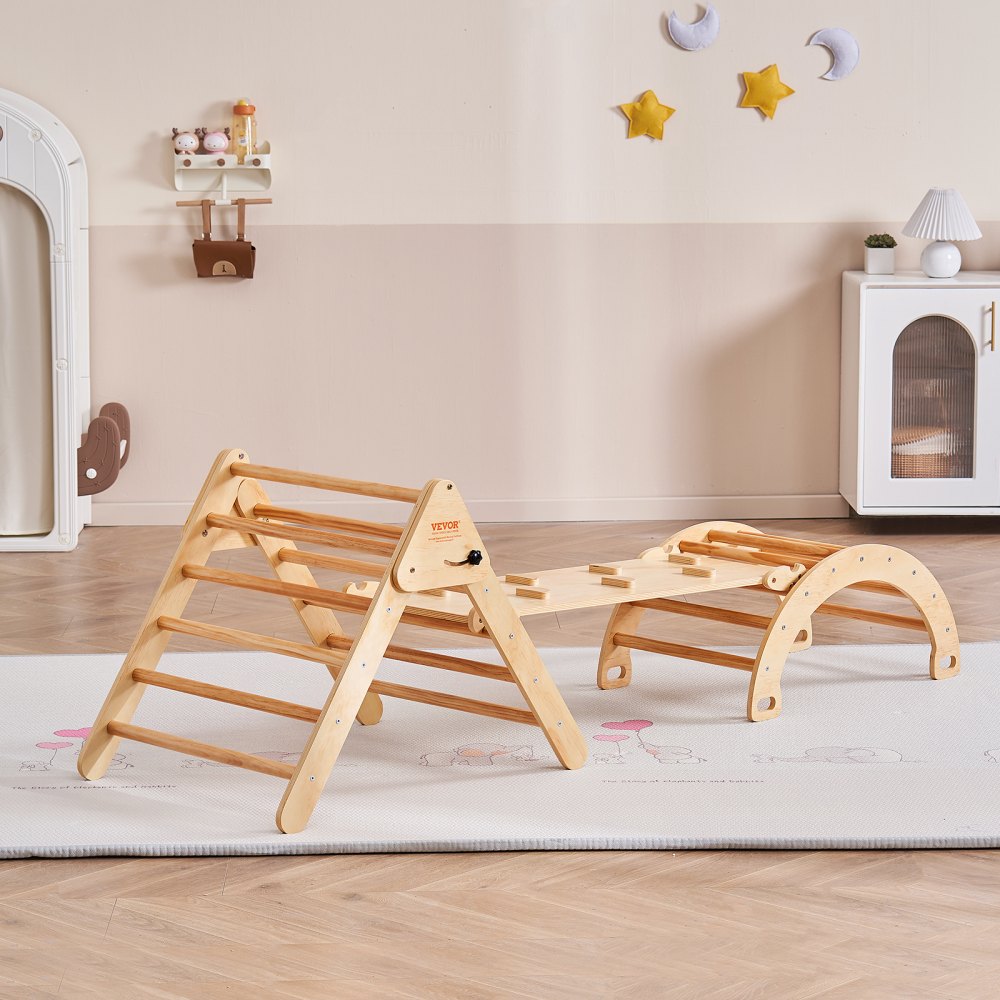 VEVOR Pikler Triangle Set, 5 in 1 Toddler Climbing Toys Indoor Playground, Ramp, and Arch, Montessori Climbing Set with Triangle, Large Size Wooden Climbing Gym for Toddlers 1-3 Years, Wood Color