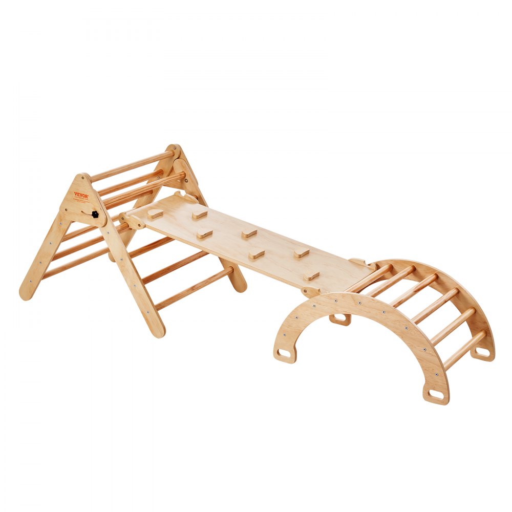 VEVOR Pikler Triangle Set, 5 in 1 Toddler Climbing Toys Indoor Playground, Ramp, and Arch, Montessori Climbing Set with Triangle, Large Size Wooden Climbing Gym for Toddlers 1-3 Years, Wood Color