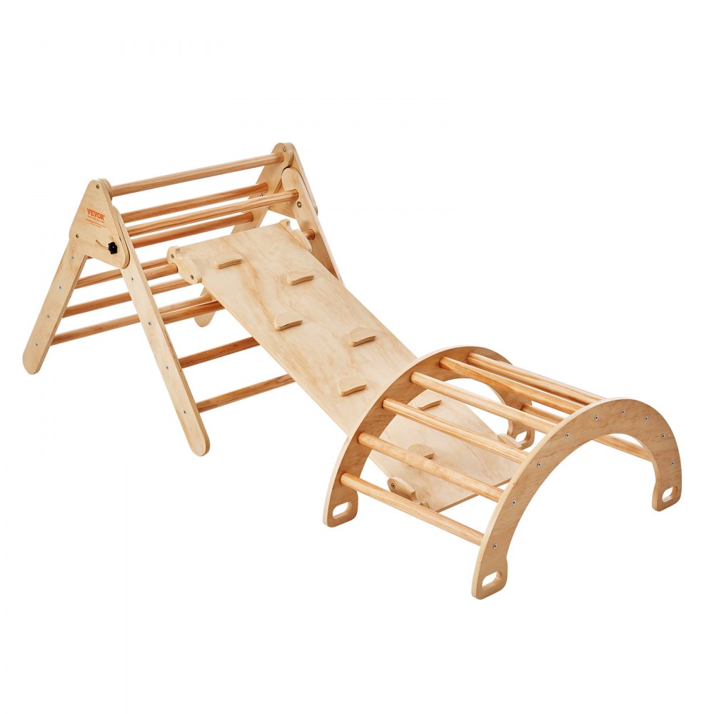 VEVOR Pikler Triangle Set, 5 in 1 Toddler Climbing Toys Indoor Playground, Ramp, and Arch, Montessori Climbing Set with Triangle, Large Size Wooden Climbing Gym for Toddlers 1-3 Years, Wood Color