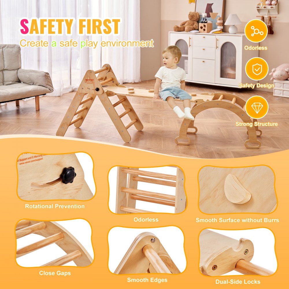 VEVOR Pikler Triangle Set, 5 in 1 Toddler Climbing Toys Indoor Playground, Ramp, and Arch, Montessori Climbing Set with Triangle, Medium Size Wooden Climbing Gym for Toddlers 1-3 Years, Wood Color