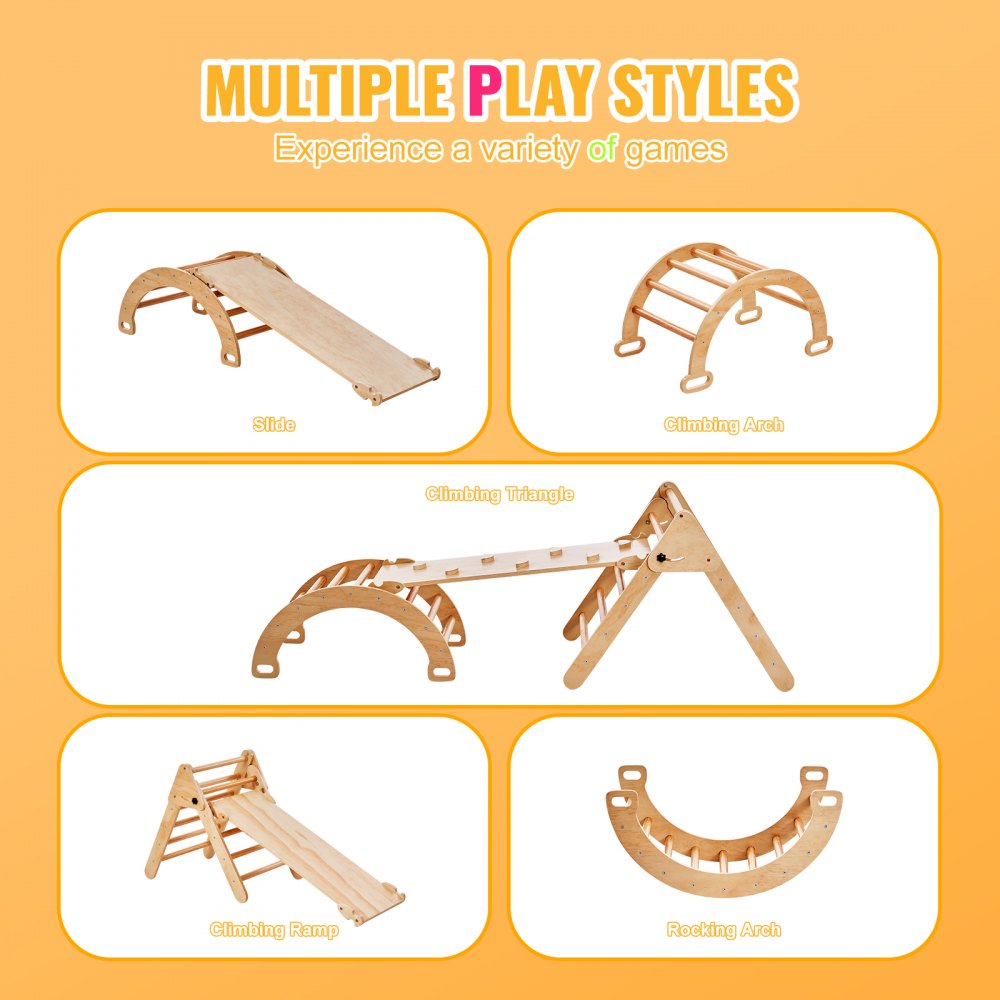 VEVOR Pikler Triangle Set, 5 in 1 Toddler Climbing Toys Indoor Playground, Ramp, and Arch, Montessori Climbing Set with Triangle, Medium Size Wooden Climbing Gym for Toddlers 1-3 Years, Wood Color