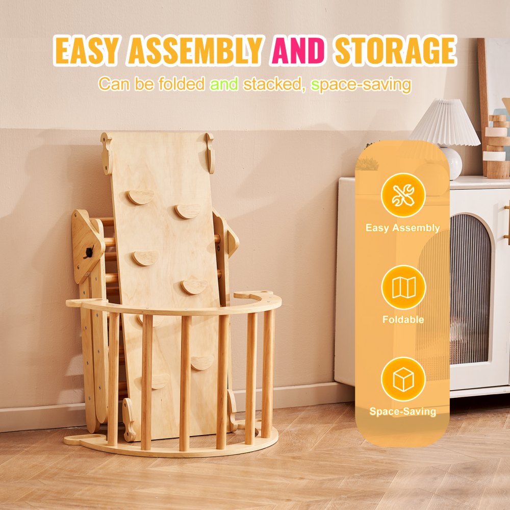 VEVOR Pikler Triangle Set, 5 in 1 Toddler Climbing Toys Indoor Playground, Ramp, and Arch, Montessori Climbing Set with Triangle, Medium Size Wooden Climbing Gym for Toddlers 1-3 Years, Wood Color