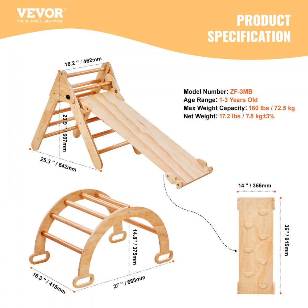 VEVOR Pikler Triangle Set, 5 in 1 Toddler Climbing Toys Indoor Playground, Ramp, and Arch, Montessori Climbing Set with Triangle, Medium Size Wooden Climbing Gym for Toddlers 1-3 Years, Wood Color