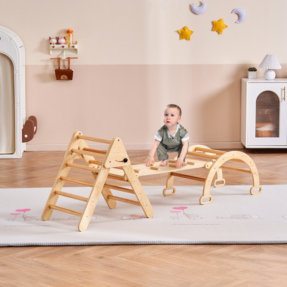 VEVOR Pikler Triangle Set, 5 in 1 Toddler Climbing Toys Indoor Playground, Ramp, and Arch, Montessori Climbing Set with Triangle, Medium Size Wooden Climbing Gym for Toddlers 1-3 Years, Wood Color