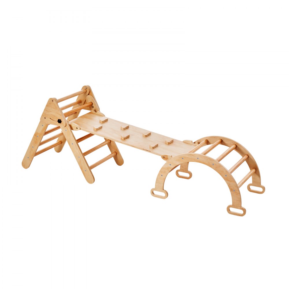 VEVOR Pikler Triangle Set, 5 in 1 Toddler Climbing Toys Indoor Playground, Ramp, and Arch, Montessori Climbing Set with Triangle, Medium Size Wooden Climbing Gym for Toddlers 1-3 Years, Wood Color
