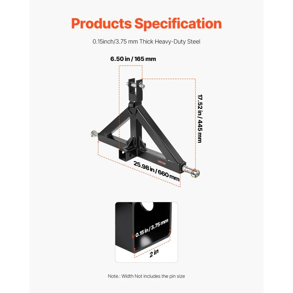 VEVOR 3 Point Hitch Receiver with 2 in Receiver, 3pt Quick Hitch Attachment, 3,000 lbs Capacity, Heavy Duty Tractor Tow Drawbar Adapter, Compatible with Kubota, Mahindra, John Deere, Massey Ferguson