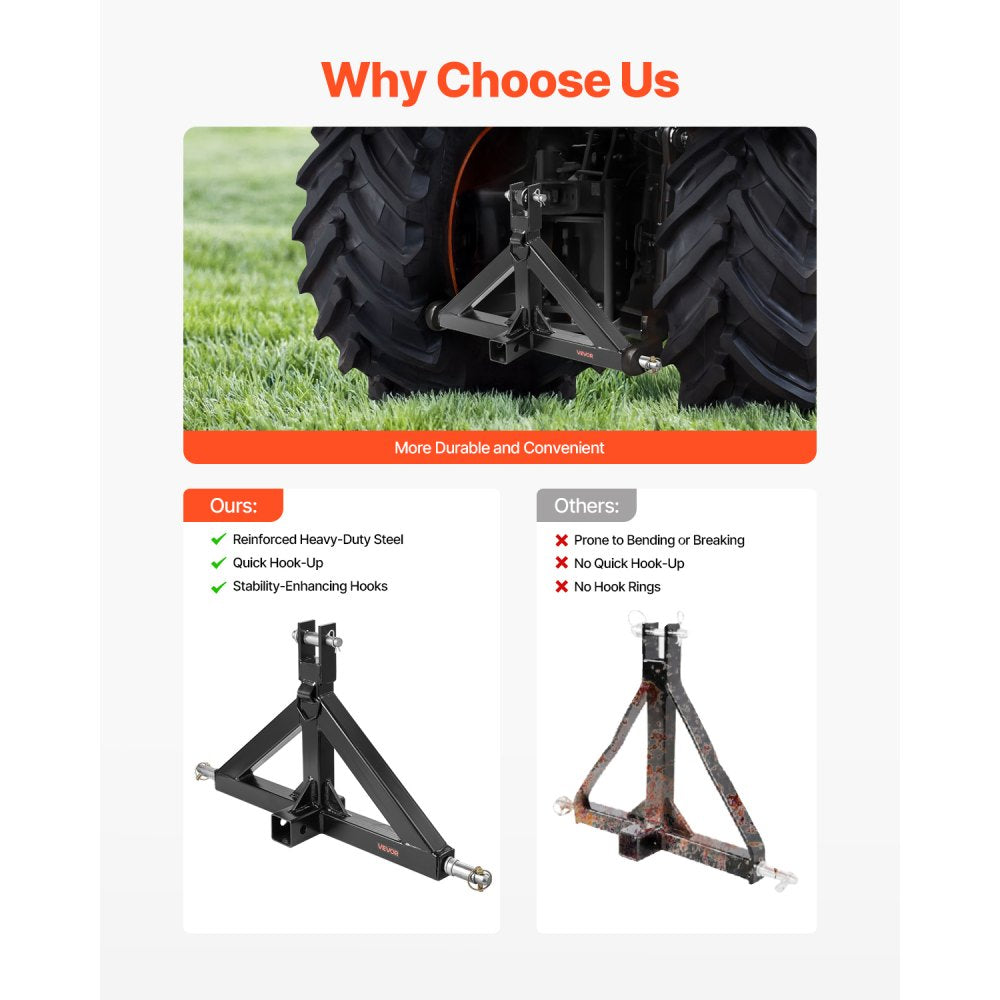 VEVOR 3 Point Hitch Receiver with 2 in Receiver, 3pt Quick Hitch Attachment, 3,000 lbs Capacity, Heavy Duty Tractor Tow Drawbar Adapter, Compatible with Kubota, Mahindra, John Deere, Massey Ferguson