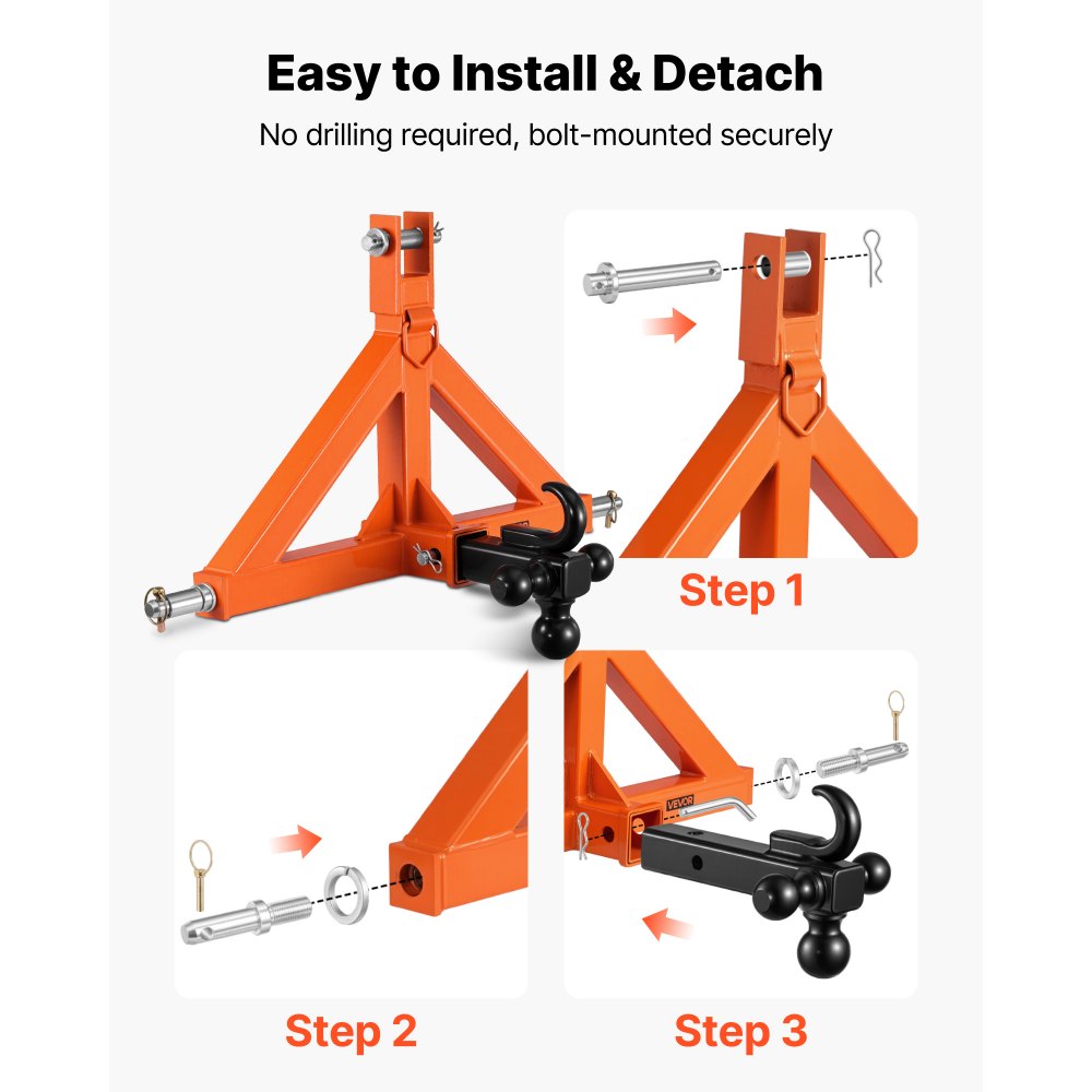 VEVOR 3 Point Trailer Hitch with 2" Receiver, 3 Pt Quick Hitch Attachment with 3 Trailer Balls, Tractor Tow Drawbar Adapter for Category 1, Kubota, Mahindra, Ford, Yanmar, John Deere, Massey Ferguson