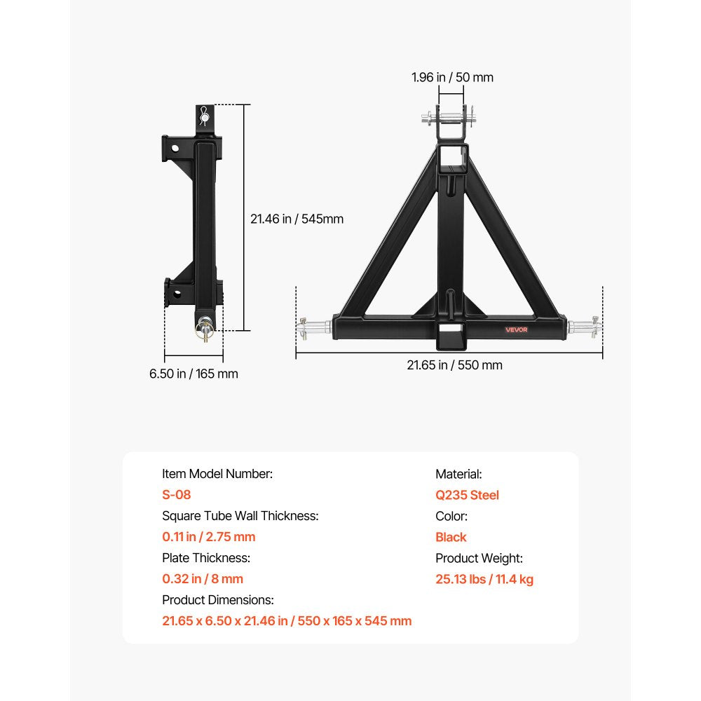 VEVOR 3 Point Trailer Hitch with 2" Receiver, 3 Pt Quick Hitch Attachment, Tractor Tow Drawbar Adapter, Compatible with Category 1, Kubota, Mahindra, Ford, Yanmar, John Deere, Massey Ferguson, Tractor