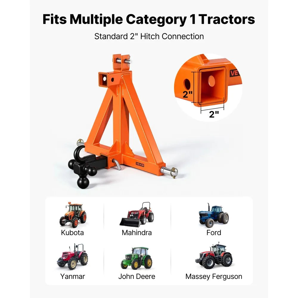 VEVOR 3 Point Trailer Hitch with 2" Receiver, 3 Pt Quick Hitch with 3 Trailer Balls, Tractor Tow Drawbar Adapter for Category 1, Kubota, Mahindra, Ford, Yanmar, John Deere, Massey Ferguson, Orange