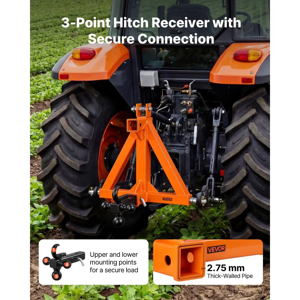VEVOR 3 Point Trailer Hitch with 2" Receiver, 3 Pt Quick Hitch with 3 Trailer Balls, Tractor Tow Drawbar Adapter for Category 1, Kubota, Mahindra, Ford, Yanmar, John Deere, Massey Ferguson, Orange