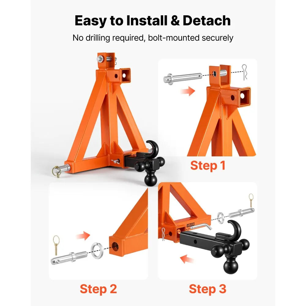 VEVOR 3 Point Trailer Hitch with 2" Receiver, 3 Pt Quick Hitch with 3 Trailer Balls, Tractor Tow Drawbar Adapter for Category 1, Kubota, Mahindra, Ford, Yanmar, John Deere, Massey Ferguson, Orange