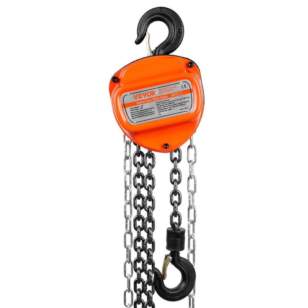VEVOR 1/2 Ton/1100 LBS Hand Chain Hoist 10 FT Come Along, 1100 lbs Capacity G80 Galvanized Carbon Steel with Double-Pawl Brake, Auto Chain Leading & 360° Rotation Hook, for Garage Factory Dock
