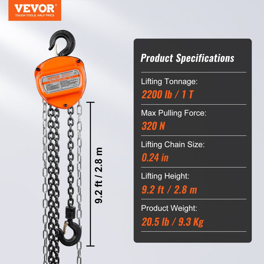 VEVOR Hand Chain Hoist, 1 Ton 2200 lbs Capacity 10 FT Come Along, G80 Galvanized Carbon Steel with Double-Pawl Brake, Auto Chain Leading & 360° Rotation Hook, for Garage Factory Dock