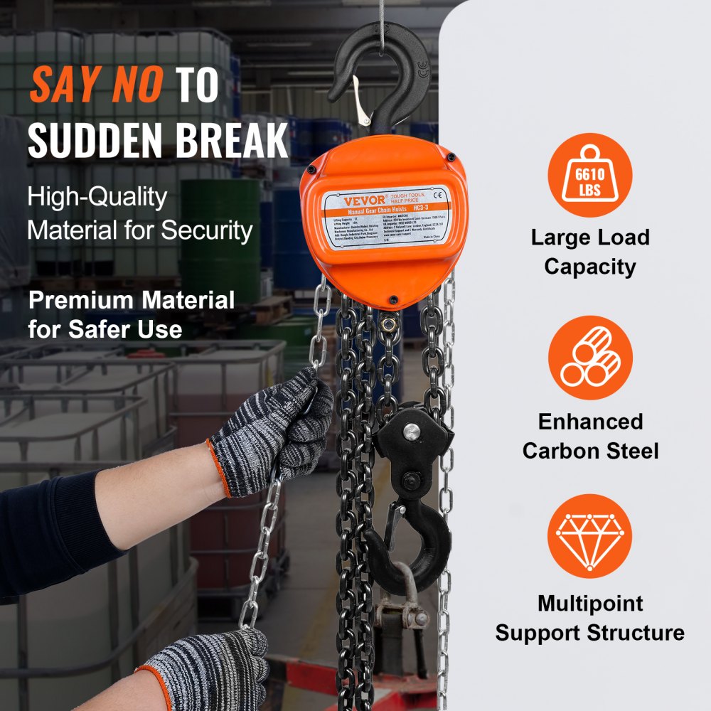 VEVOR Hand Chain Hoist, 3 Ton 6600 lbs Capacity 10 FT Come Along, G80 Galvanized Carbon Steel with Double-Pawl Brake, Auto Chain Leading & 360° Rotation Hook, for Garage Factory Dock