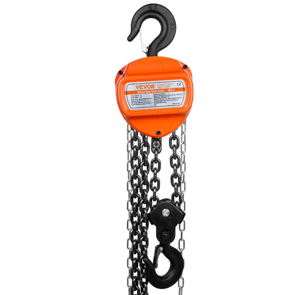 VEVOR Hand Chain Hoist, 3 Ton 6600 lbs Capacity 10 FT Come Along, G80 Galvanized Carbon Steel with Double-Pawl Brake, Auto Chain Leading & 360° Rotation Hook, for Garage Factory Dock
