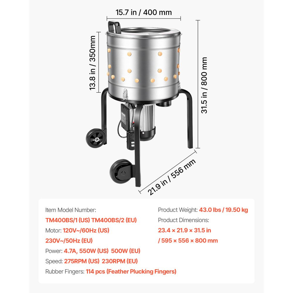 VEVOR Chicken Plucker Machine, 15.7 in Drum, 550W & 275RPM Electric Chicken Plucking Machine with 114 Soft Fingers & Transport Wheels, Stainless Steel Feather Remover for Processing 1-2 Chicks Once