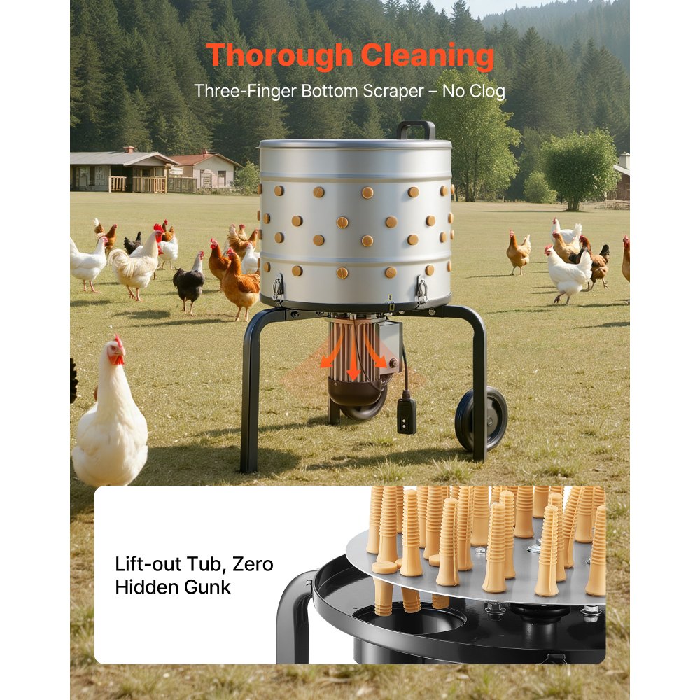 VEVOR Chicken Plucker Machine, 19.7 in Drum, 750W & 275RPM Electric Chicken Plucking Machine with 98 Soft Fingers & Transport Wheels, Stainless Steel Feather Remover for Processing 2 Chicks Once