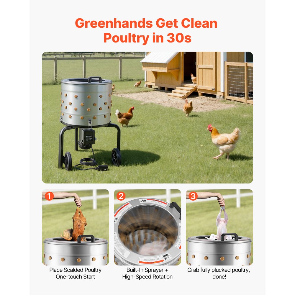 VEVOR Chicken Plucker Machine, 19.7 in Drum, 750W & 275RPM Electric Chicken Plucking Machine with 98 Soft Fingers & Transport Wheels, Stainless Steel Feather Remover for Processing 2 Chicks Once