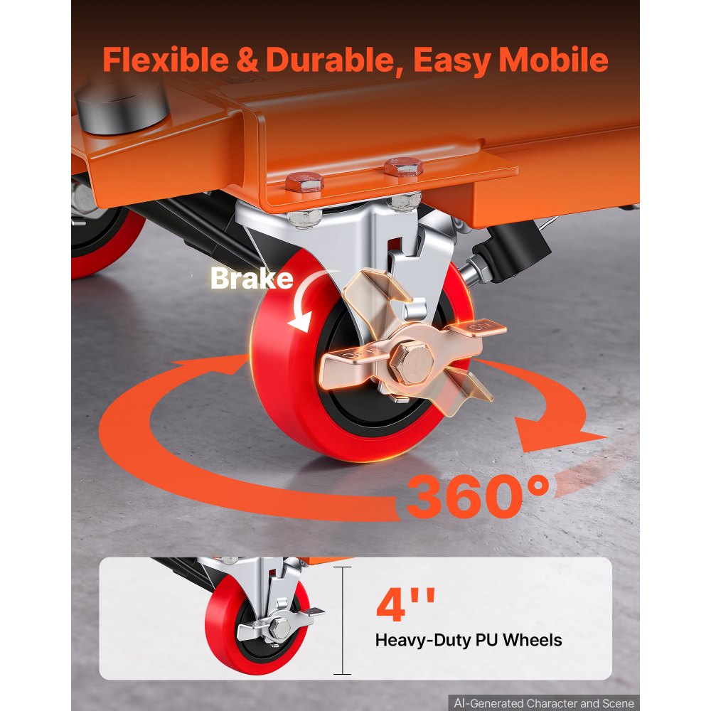 VEVOR Hydraulic Lift Table Cart, 330 lbs Capacity 50 in Lifting Height, for Material Handling, Moving, Transportation, Manual Double Scissor Lift Table, with 4 Wheels and Handle, Heavy-Duty Steel