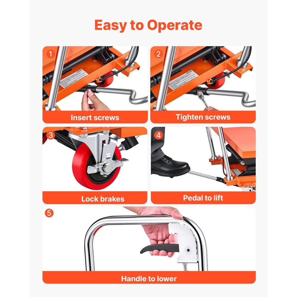 VEVOR Hydraulic Lift Table Cart, 330 lbs Capacity 50 in Lifting Height, for Material Handling, Moving, Transportation, Manual Double Scissor Lift Table, with 4 Wheels and Handle, Heavy-Duty Steel
