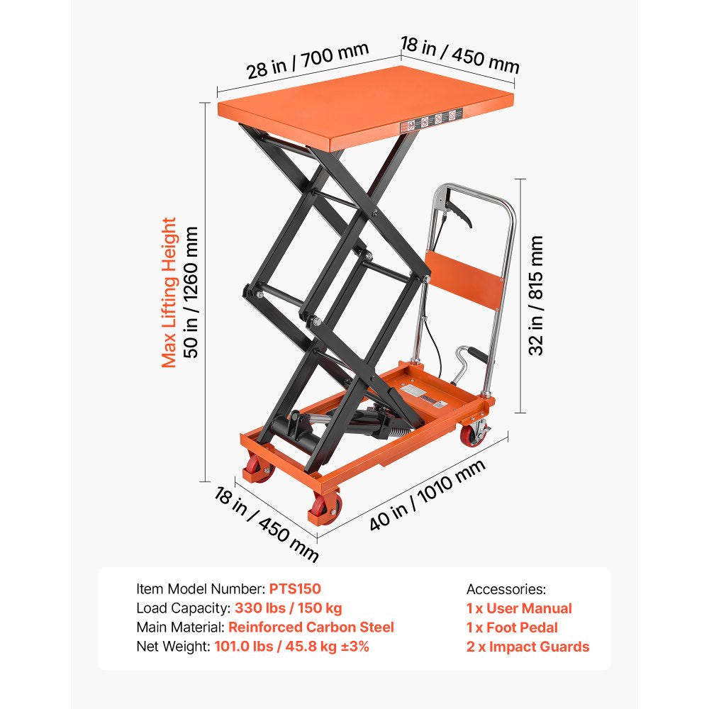 VEVOR Hydraulic Lift Table Cart, 330 lbs Capacity 50 in Lifting Height, for Material Handling, Moving, Transportation, Manual Double Scissor Lift Table, with 4 Wheels and Handle, Heavy-Duty Steel